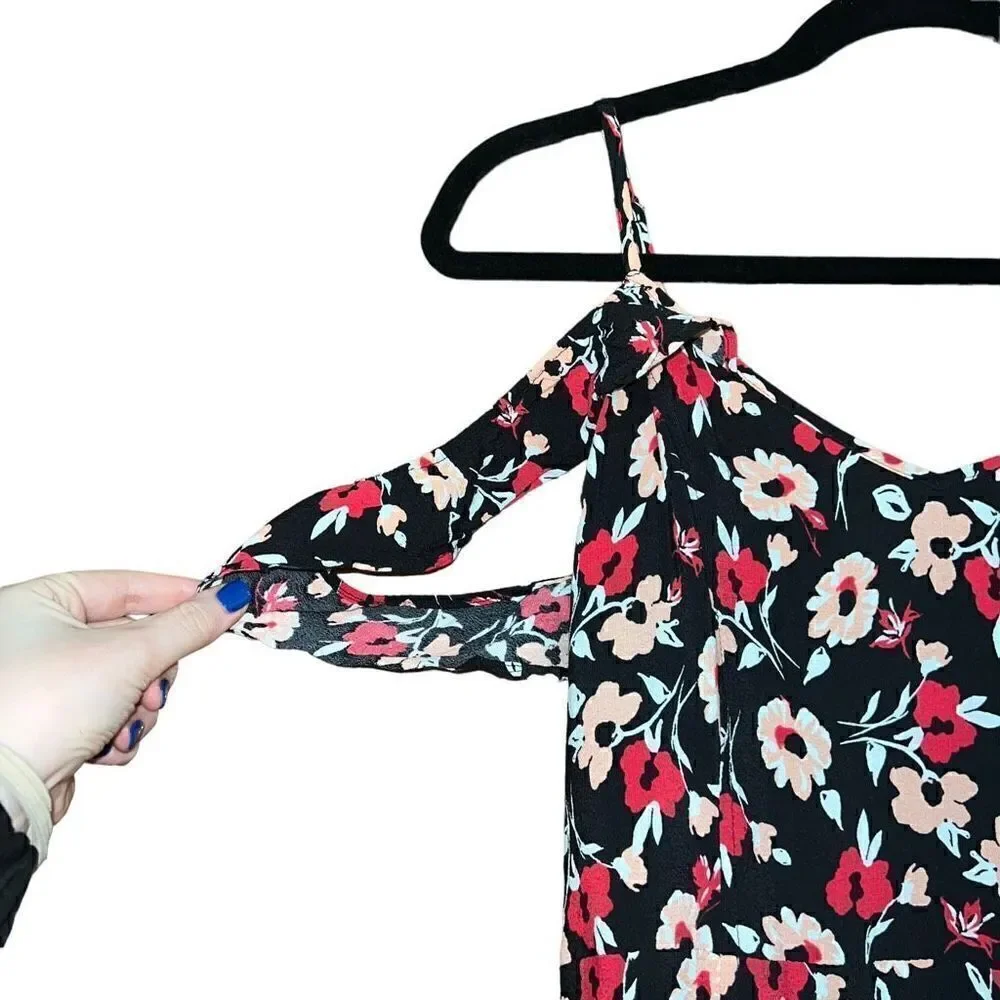 EXPRESS Floral Ruffle Red Black ColorBlock Dress W/ Double Slits Size M - Picture 5 of 7